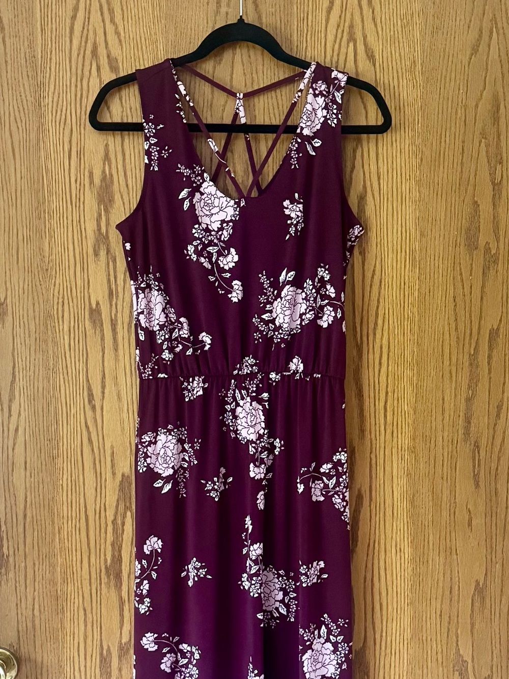 Burgundy Floral Maxi Dress XS Strappy Cris Cross Back Long Sundress